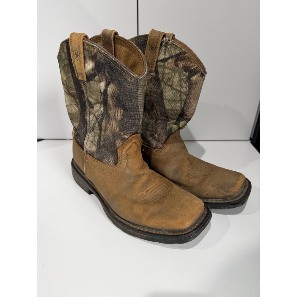 Ariat Sz 6 Work Boots Brown Camo Leather Pull On Slip Resistant Western